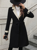 vlovelaw  Button Front Contrast Trim Trench Coat, Casual Long Sleeve Trench Coat, Women's Clothing