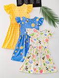 3pcs Sweet Girls Flora Print Flutter Trim Sleeveless Dress Summer Clothes Baby/toddler Girls