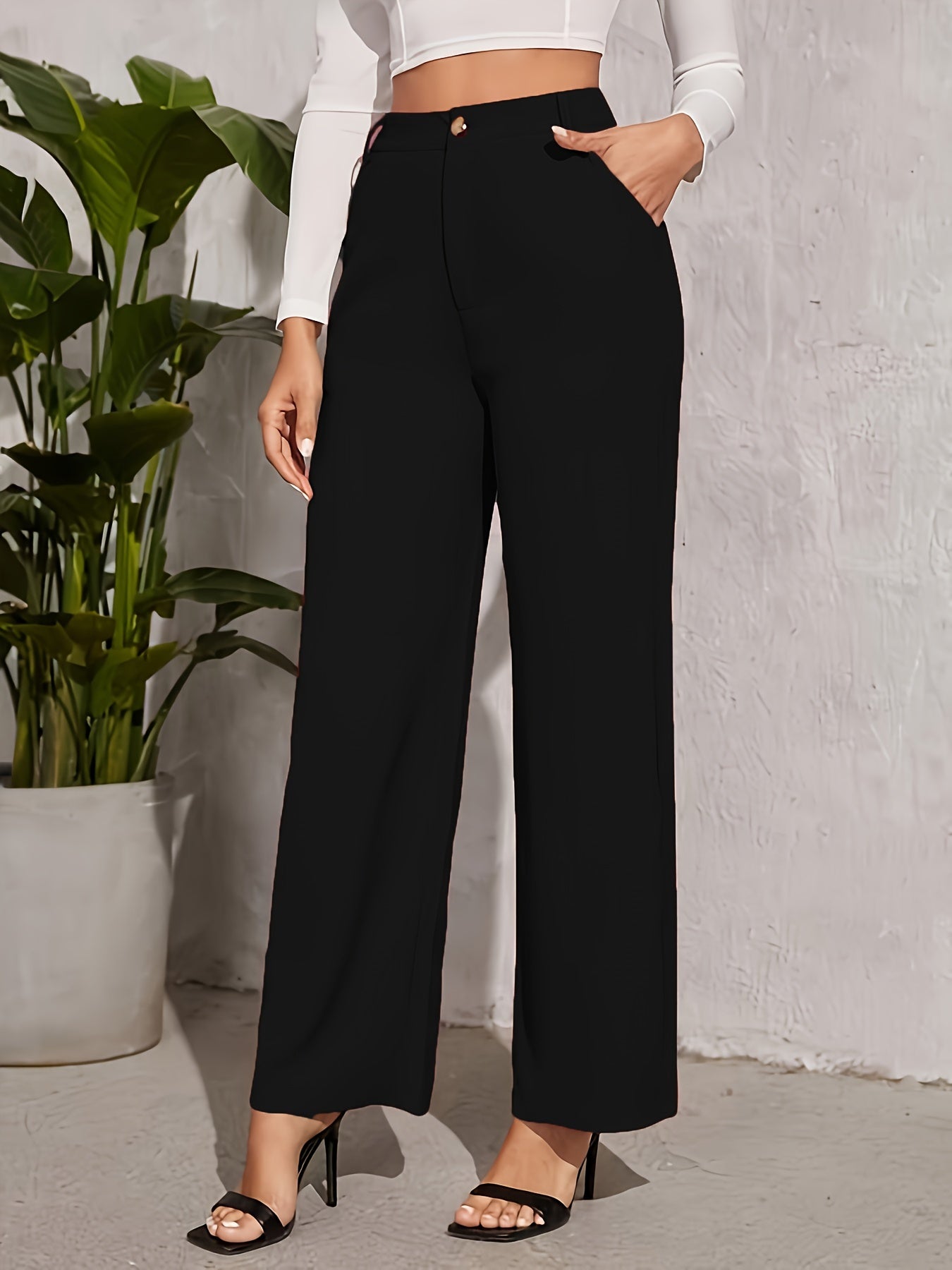 vlovelaw  Solid High Waist Trousers, Straight Leg Dual Pockets Pants For Work & Office, Women's Clothing