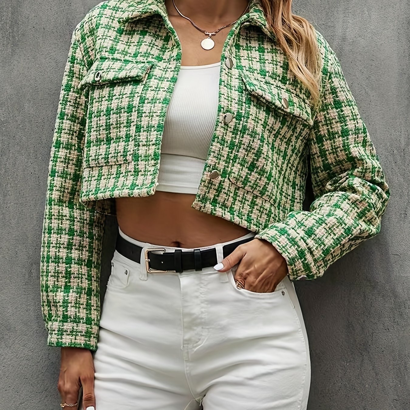 Plaid Pattern Cropped Jacket, Casual Button Front Long Sleeve Outerwear, Women's Clothing