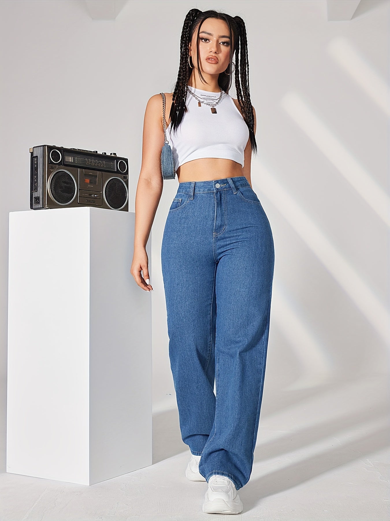 vlovelaw  High Waist Casual Straight Jeans, Slant Pockets Loose Fit Denim Pants, Women's Denim Jeans & Clothing