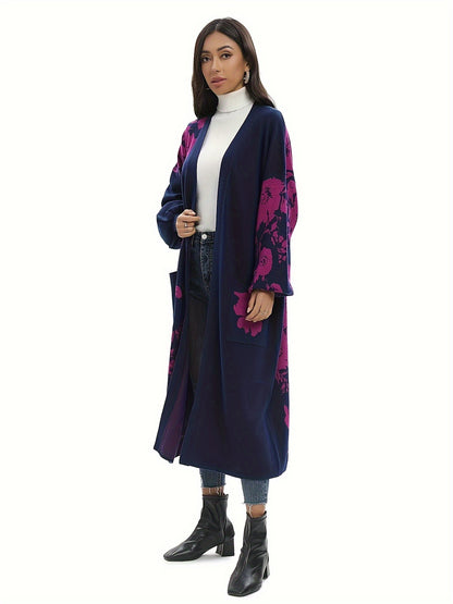 Floral Print Long Length Overcoat, Casual Open Front Long Sleeve Outerwear, Women's Clothing