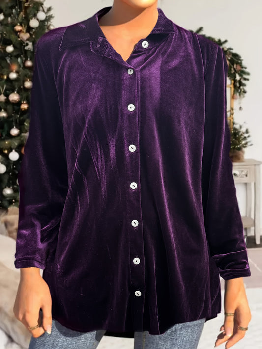 vlovelaw Solid Velvet Button Front Shirt, Vintage Long Sleeve Shirt For Spring & Fall, Women's Clothing