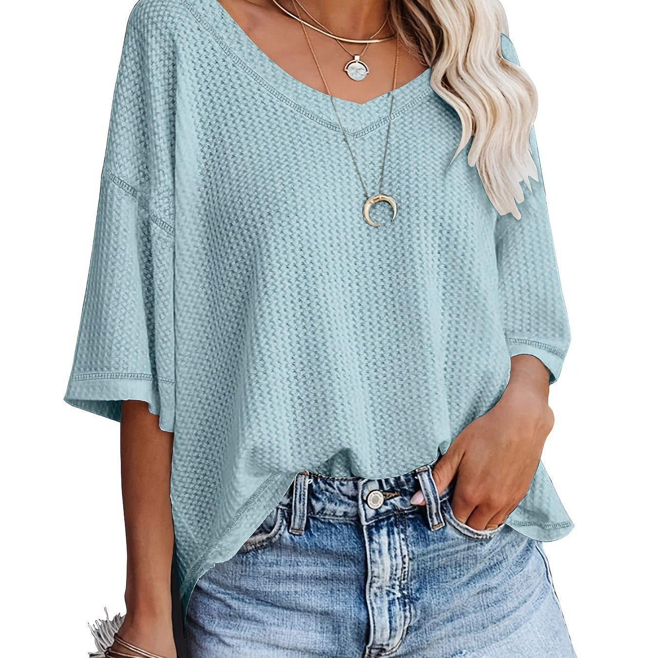 vlovelaw Solid Elegant V Neck T-Shirt, Drop Shoulder Casual Top For Summer & Spring, Women's Clothing