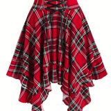 vlovelaw  Plaid Print Irregular Hem Skirt, Casual Tie Front High Waist Skirt, Women's Clothing