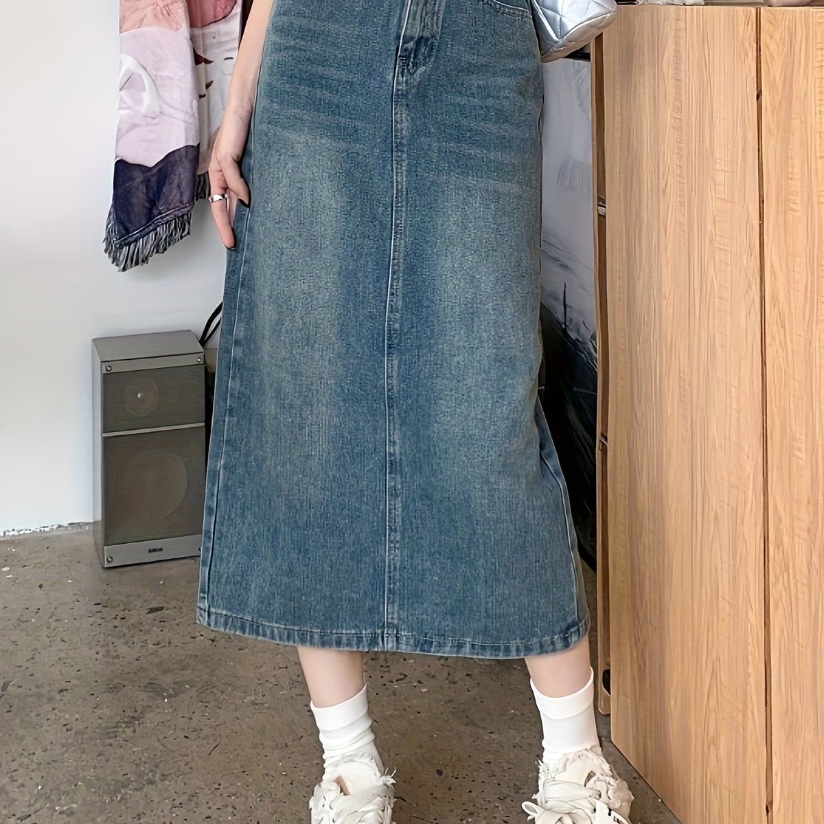 vlovelaw Split Back High Waist Denim Midi Skirt, Fashion Non-stretch A-line Elegant Denim Skirt, Women's Denim Clothing