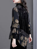 vlovelaw  Floral Print Layered Splicing Velvet Tunics, Vintage Asymmetrical Hem Top For Spring & Fall, Women's Clothing