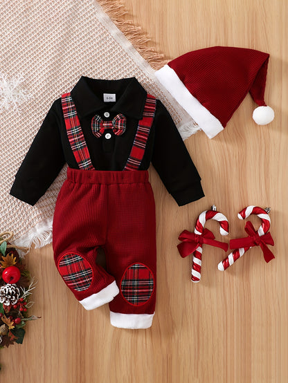 Toddler Baby Boys Bow Tie Long Sleeve Romper + Waffle Splicing Bib Pants + Hat 3pcs Cute Outdoor Set Party Christmas Outfit