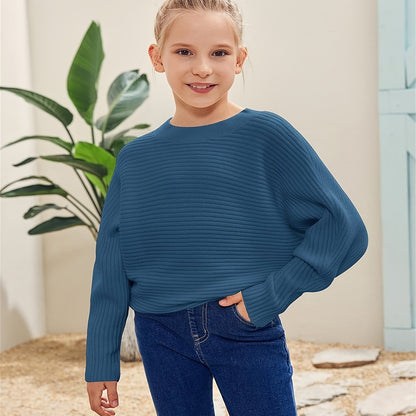 Kids' Cozy Oversized Batwing Crewneck Sweater - Soft, Chunky, Slouchy, Long Sleeve, Fall Fashion Essential for Girls - Cute Pullover Jumper Shirt for Casual Daily Wear