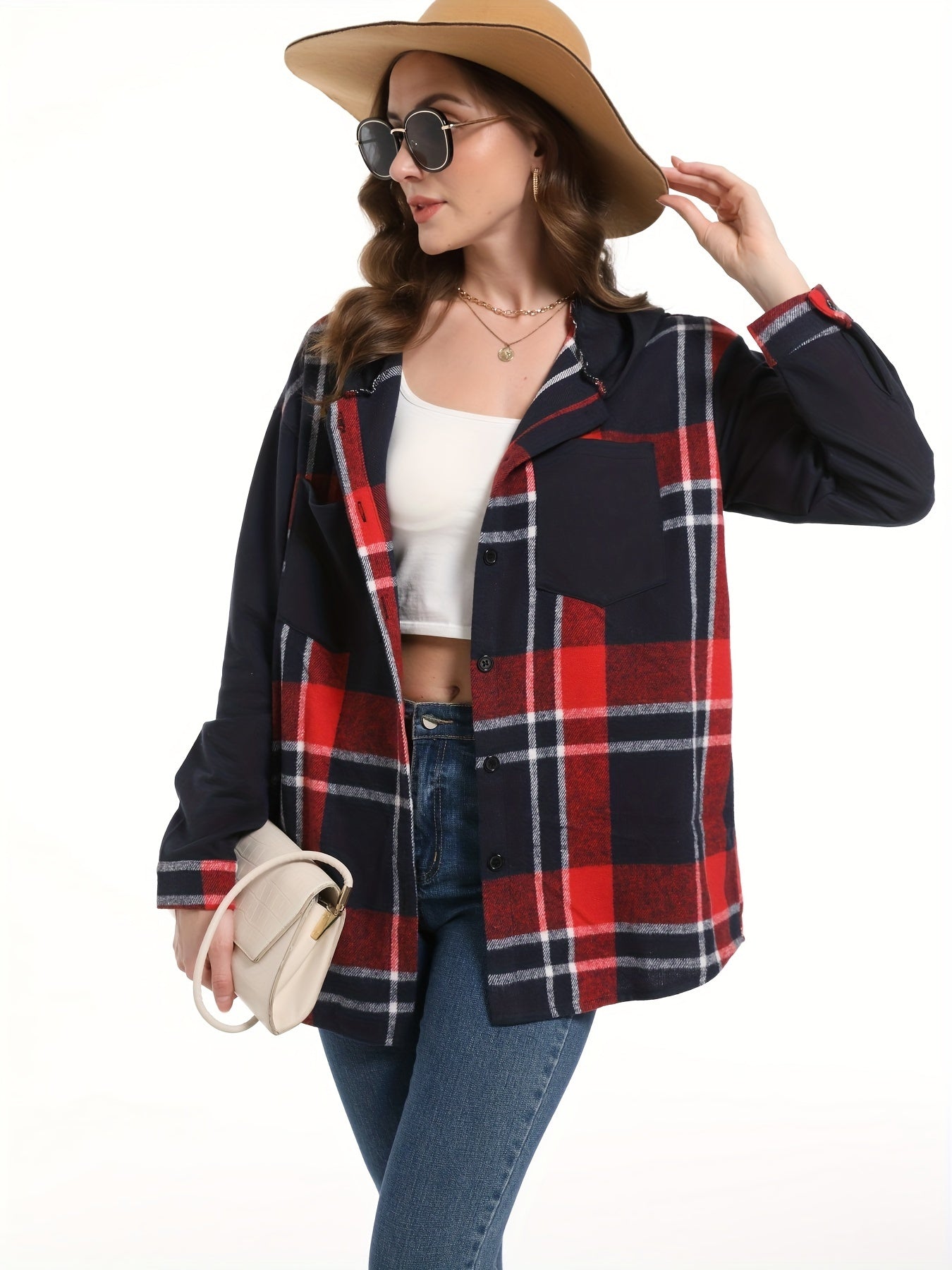 vlovelaw Plaid Print Hooded Jacket, Casual Button Front Long Sleeve Outerwear, Women's Clothing