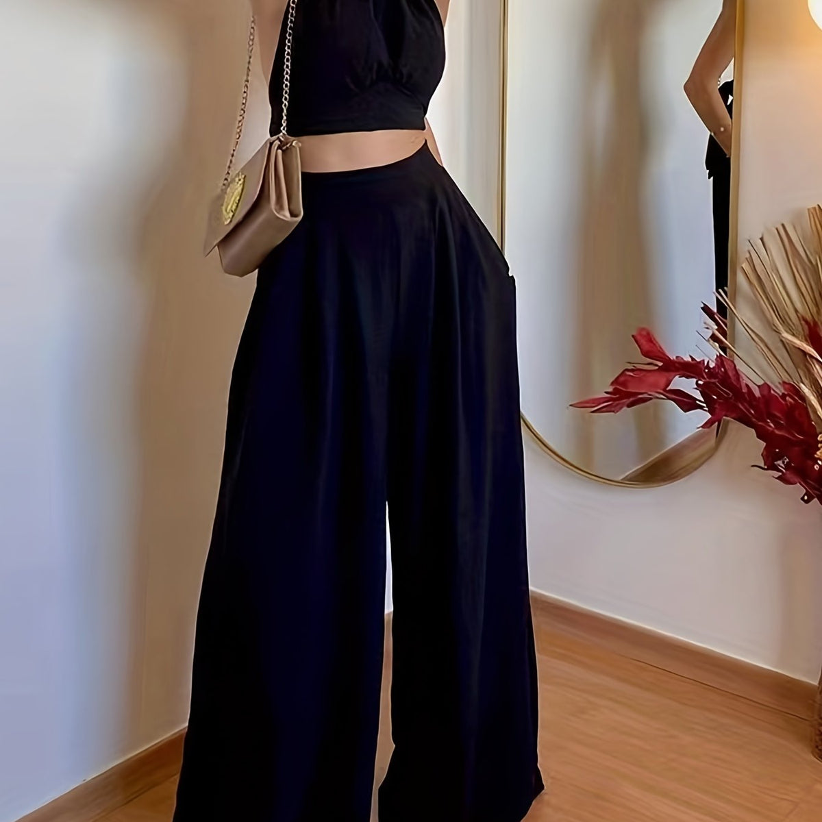 Solid Casual Two-piece Set, Ruched Sleeveless Tops & Wide Leg Long Length Pants Outfits, Women's Clothing