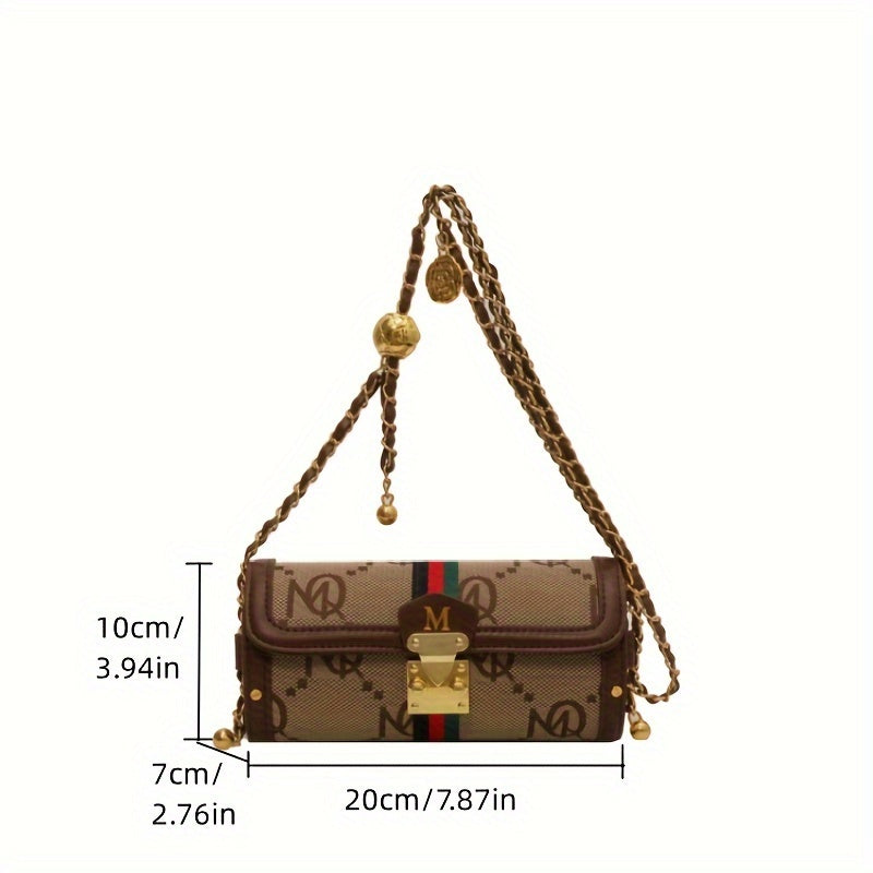 vlovelaw  Letter Print Boston Bag, Trendy PU Leather Crossbody Bag, Women's Chain Cylinder Bucket Bag