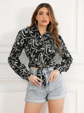 Figure Print Tie Front Crop Blouse, Vacation Style Long Sleeve Blouse, Women's Clothing