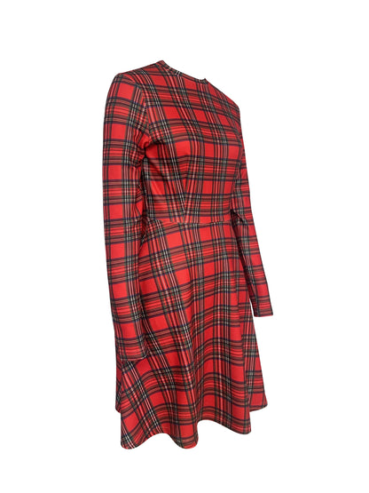 vlovelaw Plaid Print Crew Neck Dress, Elegant Long Sleeve Dress For Spring & Fall, Women's Clothing