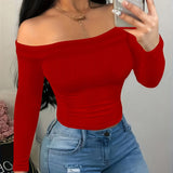 vlovelaw  Plus Size Basic Knit Top, Women's Plus Solid Ribbed Long Sleeve Off Shoulder Skinny Knit Top