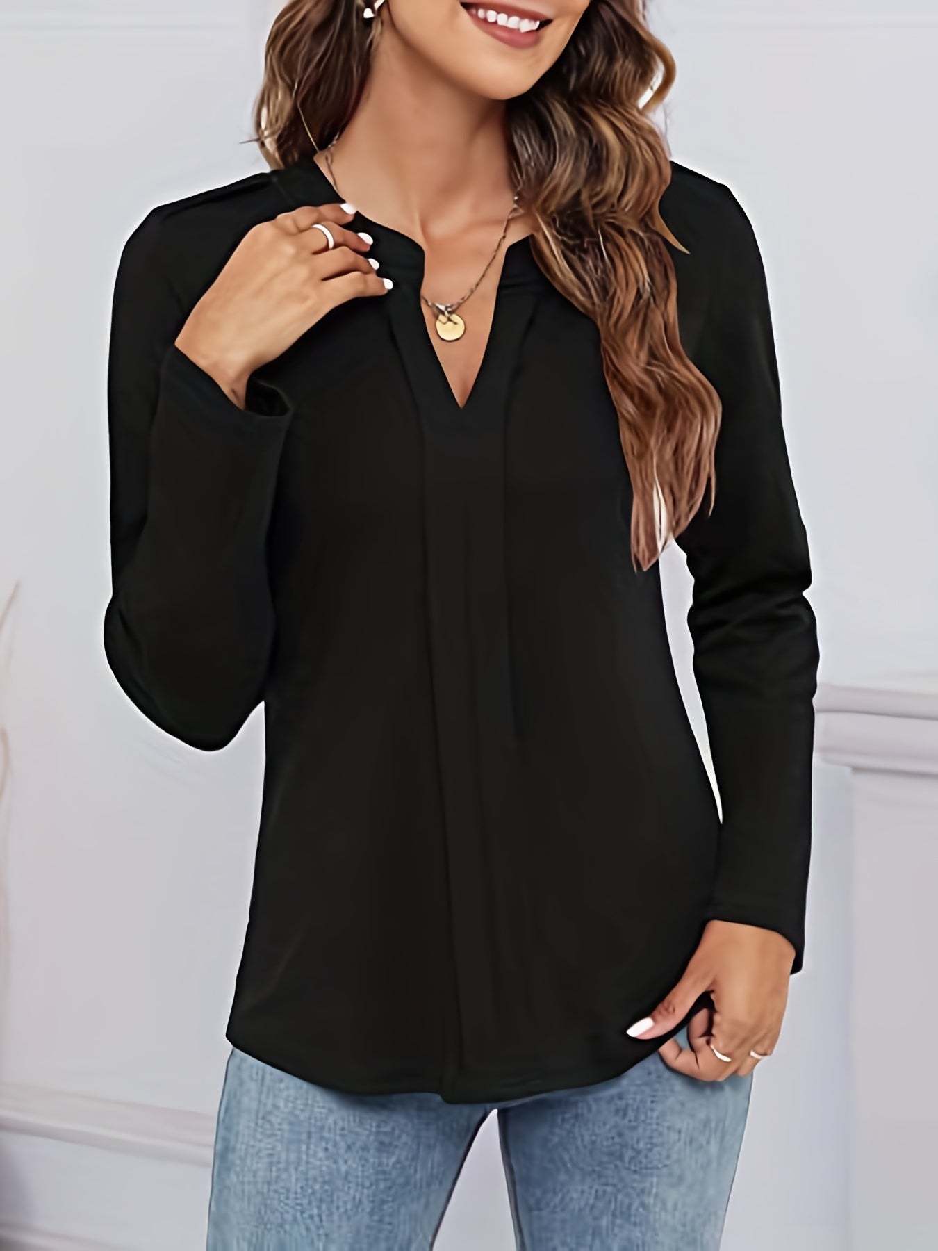 vlovelaw  Solid Notch Neck Blouse, Elegant Versatile Long Sleeve Blouse, Women's Clothing