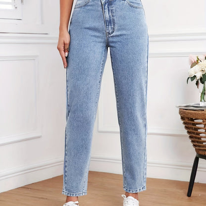 vlovelaw  Overlap Leisure Tapered Jeans, Slash Pocket Trendy Loose Denim Pants, Women's Denim Jeans & Clothing