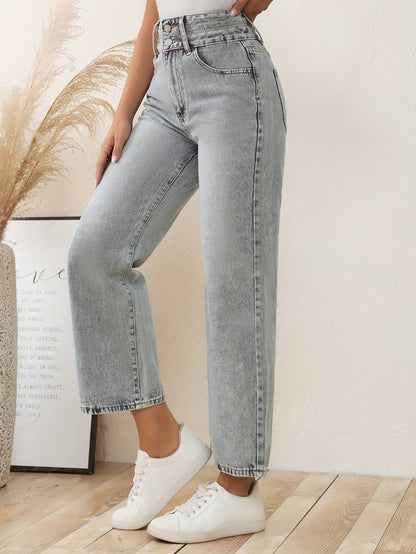 vlovelaw Double Button Washed Straight Jeans, Loose Fit Non-Stretch Denim Pants, Women's Denim Jeans & Clothing