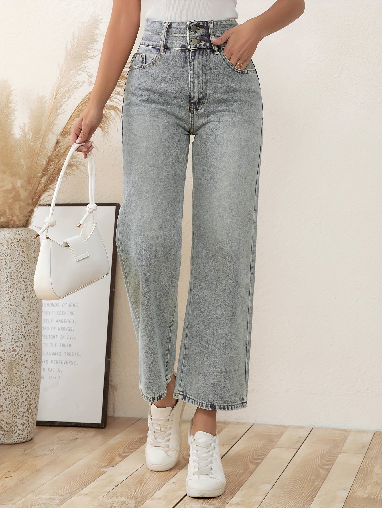 vlovelaw Double Button Washed Straight Jeans, Loose Fit Non-Stretch Denim Pants, Women's Denim Jeans & Clothing