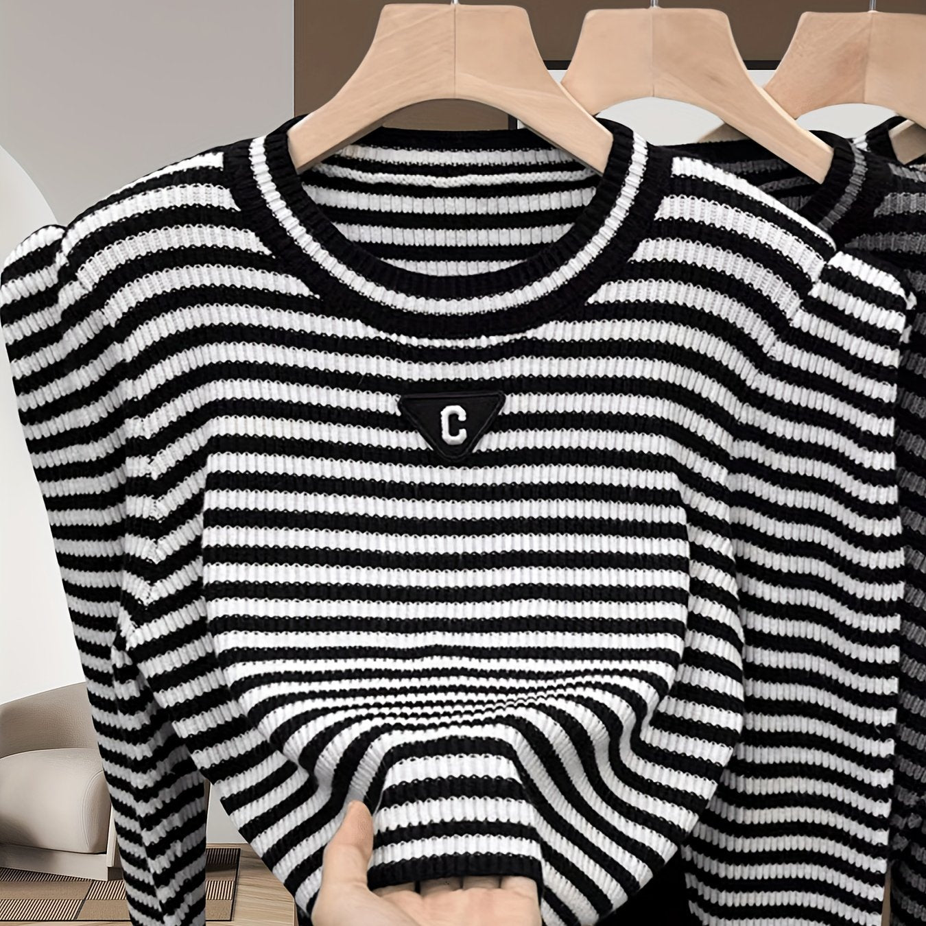 vlovelaw  Striped Crew Neck Knitted Top, Elegant Puff Sleeve Crop Stylish Sweater, Women's Clothing