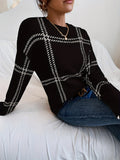 vlovelaw  Plaid Crew Neck Pullover Sweater, Casual Long Sleeve Drop Shoulder Sweater For Fall & Winter, Women's Clothing