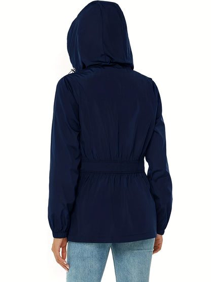 vlovelaw  Drawstring Hooded Jacket, Casual Zip Up Long Sleeve Solid Outerwear, Women's Clothing