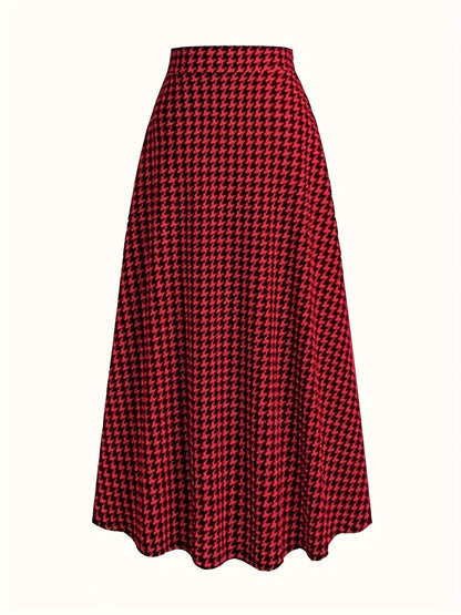 vlovelaw  Houndstooth Print High Waist Skirt, Elegant A-line Maxi Dress, Women's Clothing