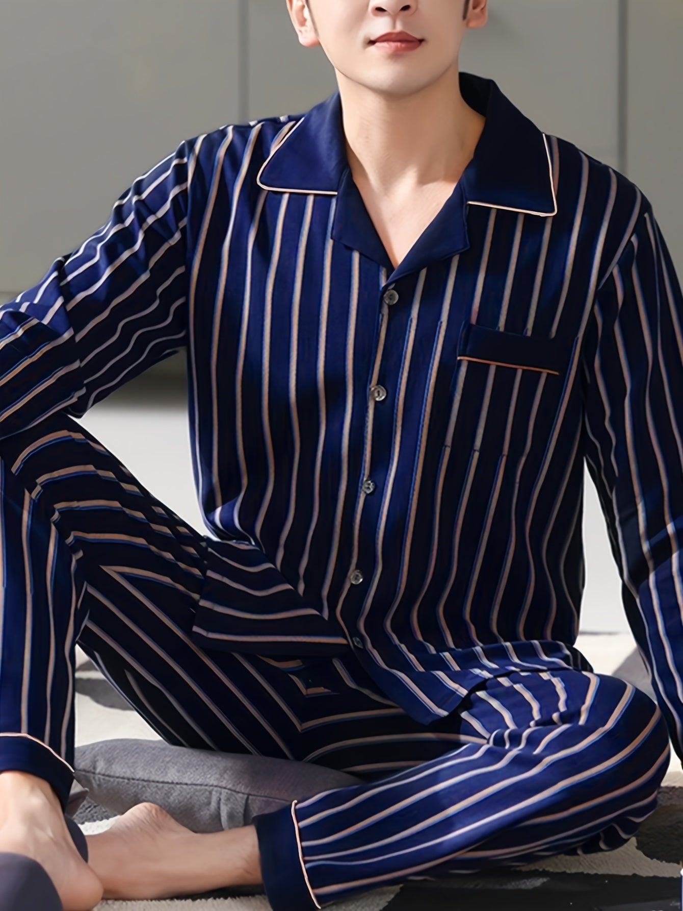 QIANNIANMA Men's Striped Pajama Set - Comfy Long Sleeve Button-Up Top & Pants, Casual Loungewear for Spring/Fall