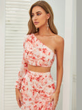 vlovelaw  Floral Print Two-piece Set, Elegant One Shoulder Long Sleeve Crop Top & Asymmetrical Ruffle Hem Skirt Outfits, Women's Clothing