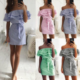 VLOVELAW In Stock European and American Foreign Trade Women's Clothing  Wish Summer Ruffle Sleeve Striped off-Shoulder off-Shoulder Collar Dress