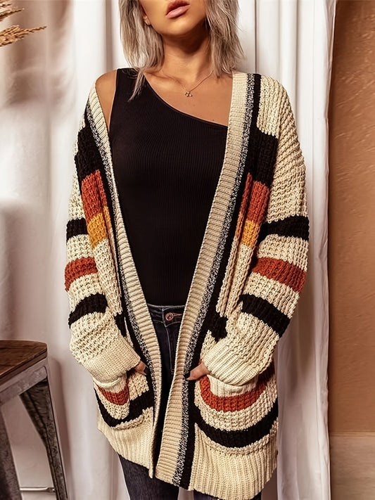 vlovelaw  Color Block Striped Knit Cardigan, Vintage Open Front Long Sleeve Sweater With Pocket, Women's Clothing