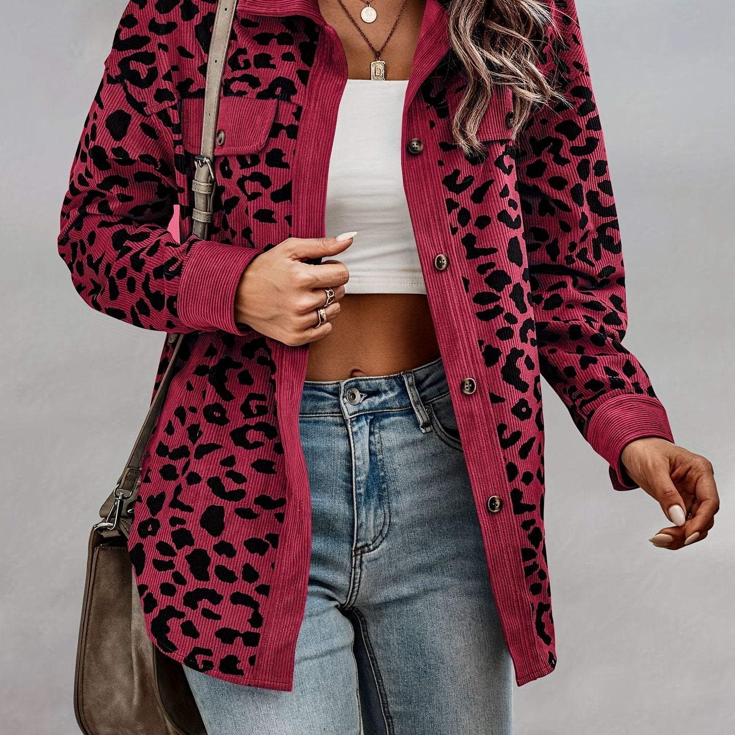 vlovelaw  Leopard Print Shacket Jacket, Casual Button Front Turn Down Collar Long Sleeve Outerwear, Women's Clothing