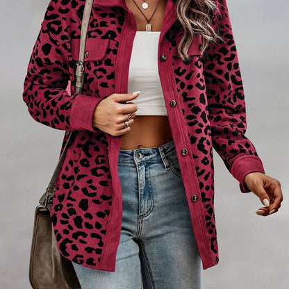 vlovelaw  Leopard Print Shacket Jacket, Casual Button Front Turn Down Collar Long Sleeve Outerwear, Women's Clothing