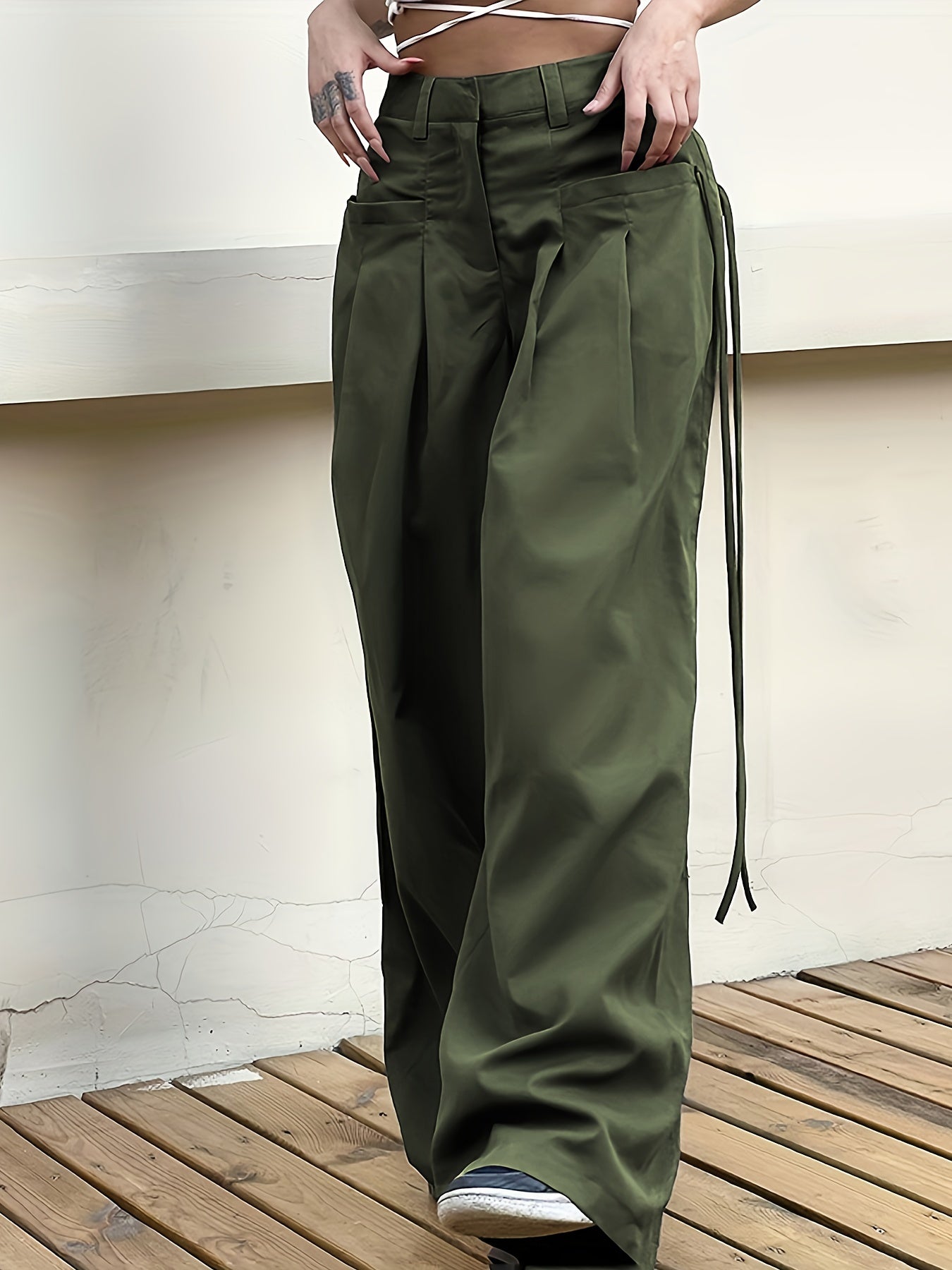 vlovelaw  Solid Side Tied Wide Leg Pants, Casual Pleated High Waist Pants, Women's Clothing