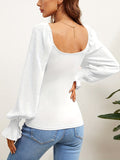 vlovelaw  Squared Neck Solid Blouse, Casual Lantern Sleeve Slim Blouse, Women's Clothing