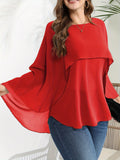 vlovelaw  Plus Size Elegant Blouse, Women's Plus Solid Layered Mesh Batwing Sleeve Round Neck Shirt Top