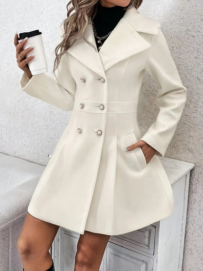 vlovelaw  Double-breasted Flare Coat, Elegant Notched Collar Long Sleeve Blazer For Fall & Winter, Women's Clothing