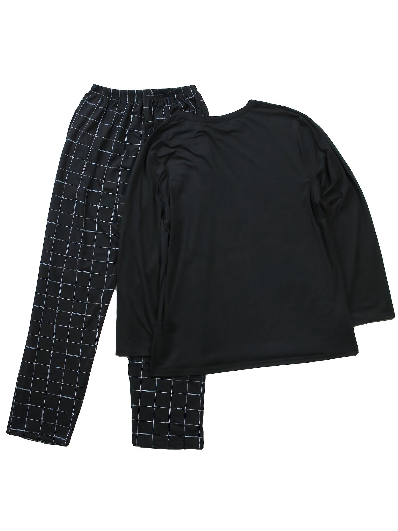 [Millennium Horse Brand] Large Size 2 Pcs Men's Simple Design Long Sleeves & Plaid Long Pants Pajama Sets, Comfortable & Skin-friendly Style Pajamas For Men's Cozy Loungewear