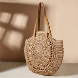 Summer Hollow Design Round Straw Bag, Minimalist Woven Women's Shoulder Bag, Beach Bag