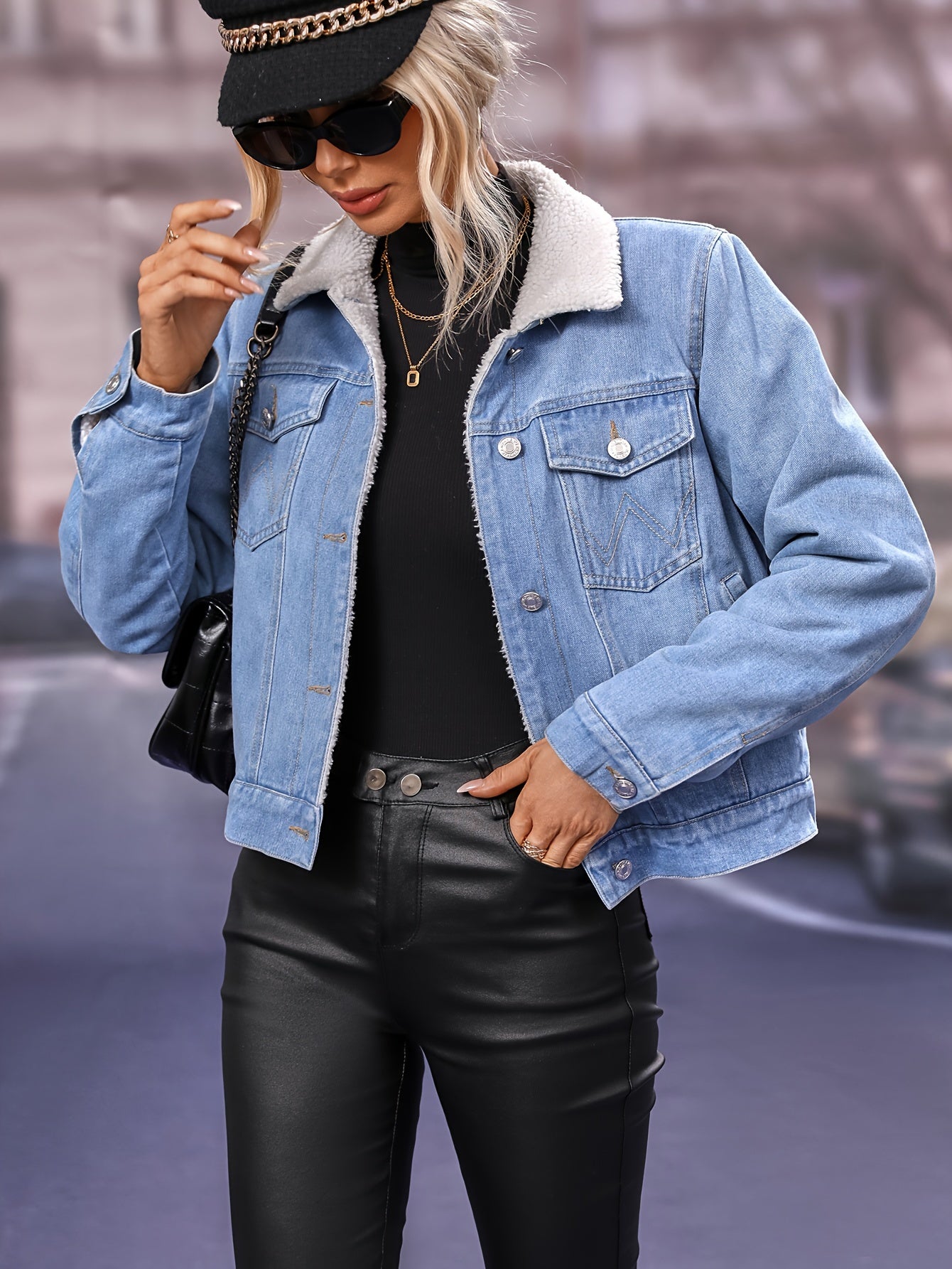 Long Sleeves Lapel Denim Coat, Flap Pockets Fleece Liner Keep Warm Denim Jacket, Women's Clothing