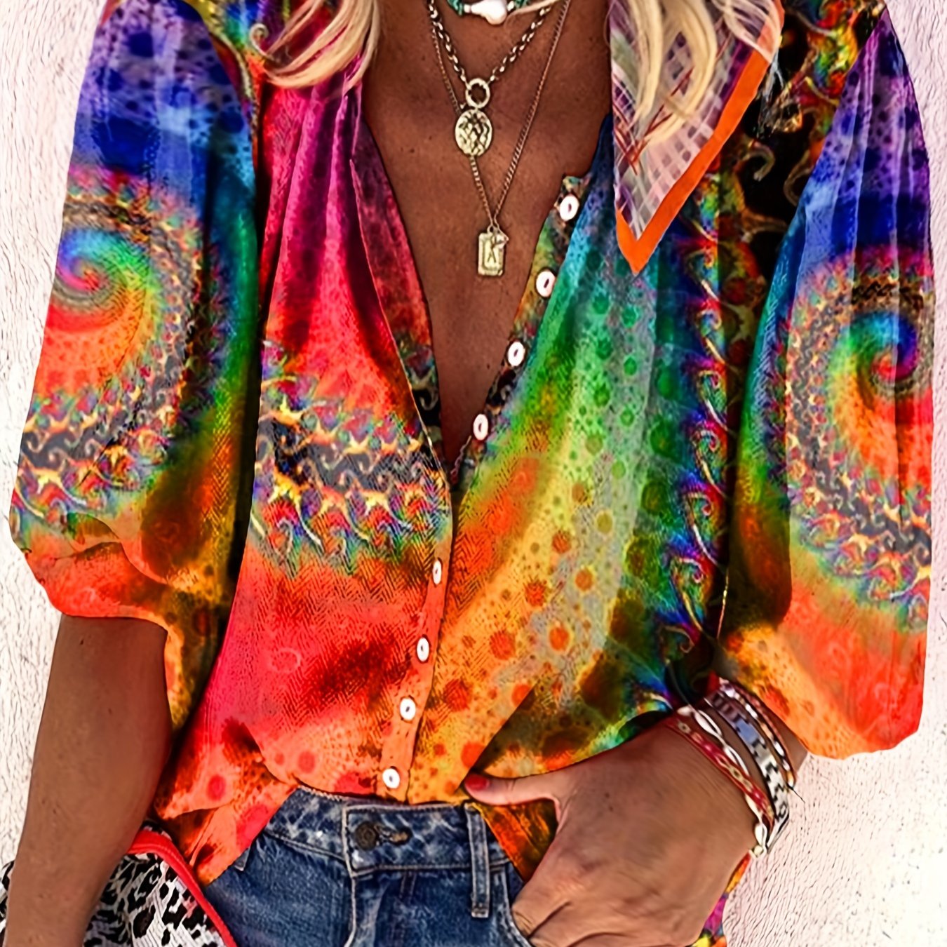 Plus Size Casual T-shirt, Women's Plus Tie Dye Three Quarter Sleeve Button Up Blouse