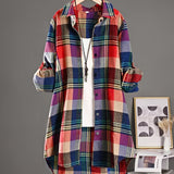 Flattering Plus Size Plaid Blouse for Curvy Women - Stylish Casual Wear with Roll Up Sleeves and Turn Down Collar - Trendy Button Up Print Top