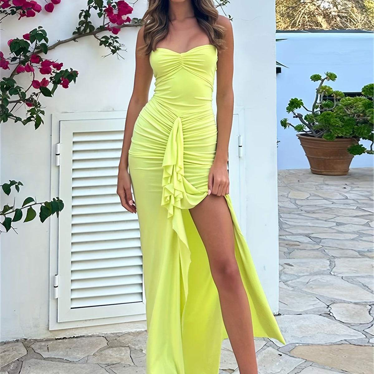 Ruched Asymmetrical Strapless Dress, Elegant Sleeveless Dress For Party & Banquet, Women's Clothing