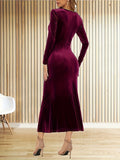 vlovelaw  Solid Bodycon Midi Dress, Elegant V Neck Long Sleeve Dress, Women's Clothing