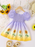 Knee-High Fit and Flare Girls Polyester Floral Princess Dress - Shirred, Puff Sleeve, Machine Washable, Non-Stretch, Casual Summer Dress for 4th of July - Vibrant Ombre Sunflower Pattern, Regular Fit, Woven Fabric