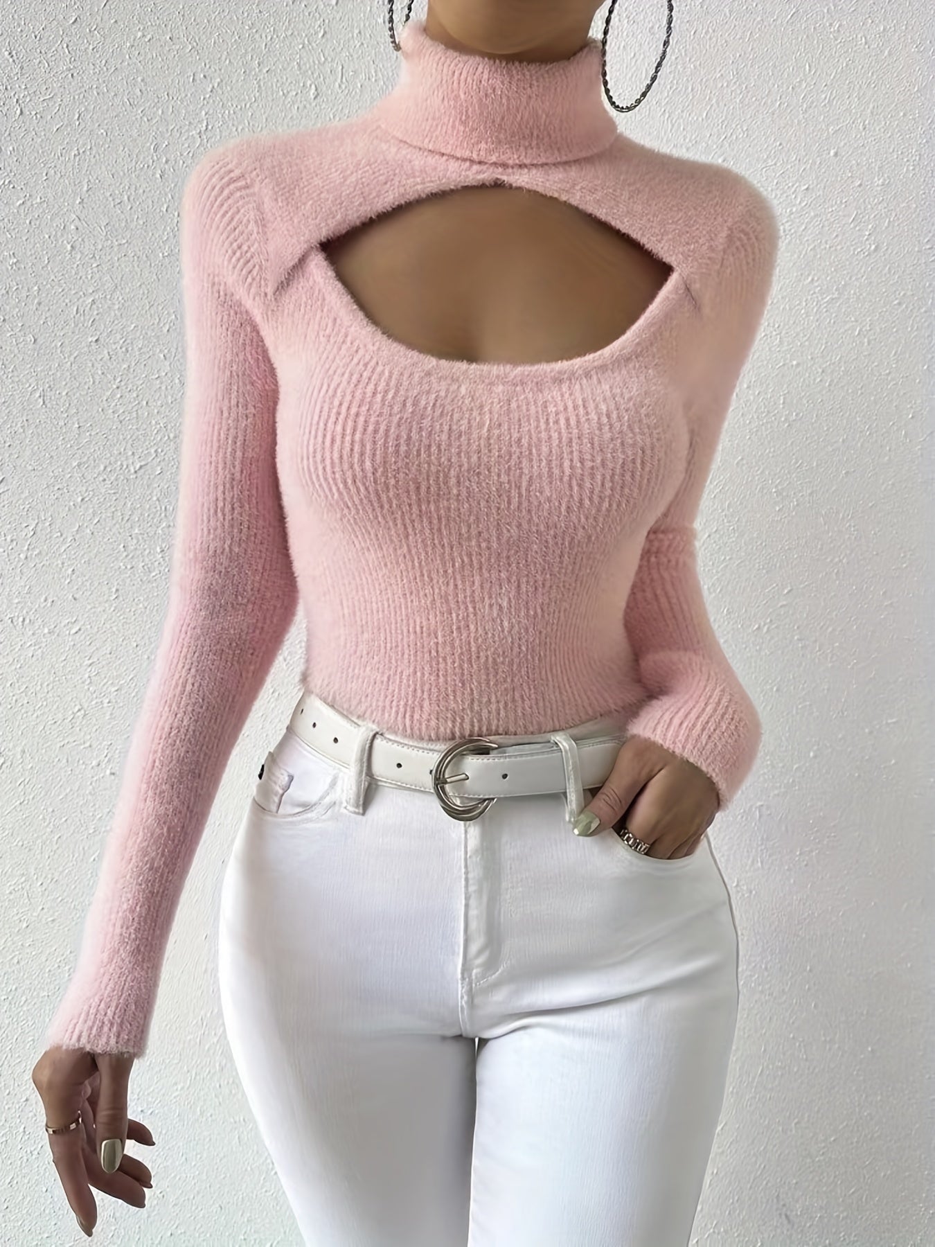 vlovelaw Cut Out Turtleneck Knit Sweater, Sexy Solid Long Sleeve Sweater, Women's Clothing