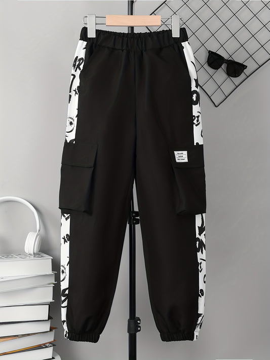 Girls Wide-leg Graffiti Side Taping Trendy Cargo Pants For Streetwear K-pop Style