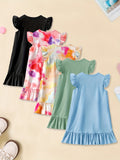 5pcs Girls Charming Ruffle Sleeve Dress Set - Versatile Plain Colors for Everyday Casual Wear, Ideal Summer Style & Gift