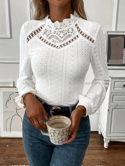 vlovelaw  Eyelet Contrast Lace T-shirt, Elegant Keyhole Long Sleeve Solid T-shirt, Women's Clothing