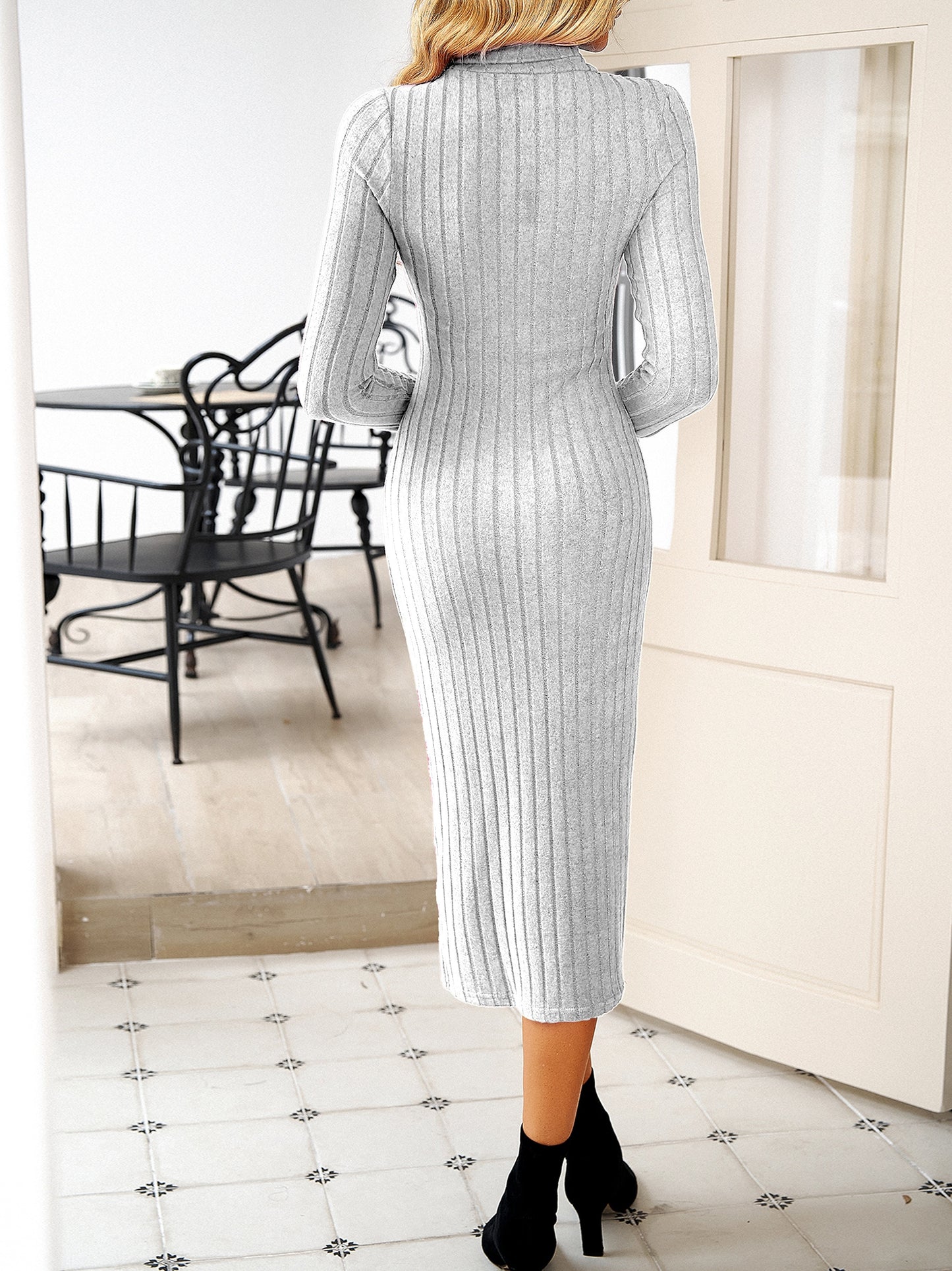 Solid Ribbed Knit Long Sleeve Dress, Casual Turtle Neck Slim Dress For Fall & Winter, Women's Clothing